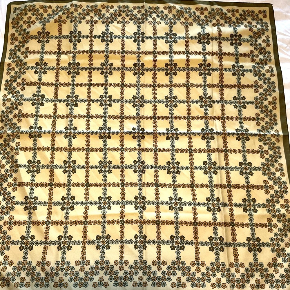 Beige Olive Green Flowers Scarf Polyester 26" x 26" Square Women Coquette VTG